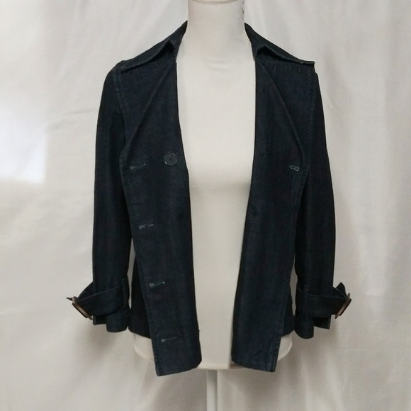 Old Navy Blue Dark Wash Collared Long Sleeve Double Breasted Denim Jean Jacket - Picture 2 of 7